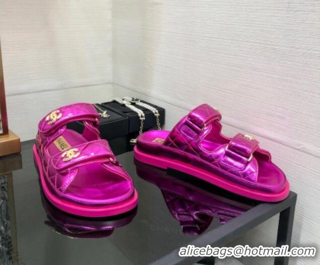 Most Popular Chanel Metallic Oil Calfskin Flat Strap Slide Sandals with Metal CC Dark Pink 0224062