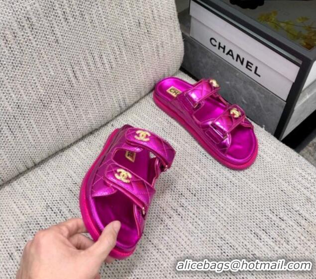 Most Popular Chanel Metallic Oil Calfskin Flat Strap Slide Sandals with Metal CC Dark Pink 0224062