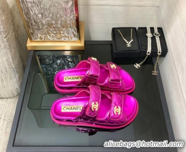 Most Popular Chanel Metallic Oil Calfskin Flat Strap Slide Sandals with Metal CC Dark Pink 0224062