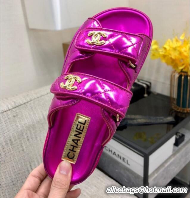 Most Popular Chanel Metallic Oil Calfskin Flat Strap Slide Sandals with Metal CC Dark Pink 0224062