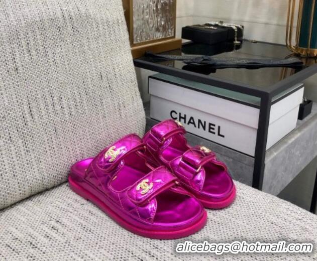 Most Popular Chanel Metallic Oil Calfskin Flat Strap Slide Sandals with Metal CC Dark Pink 0224062