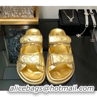 Classic Hot Chanel Metallic Oil Calfskin Flat Strap Slide Sandals with Metal CC Gold 0224063