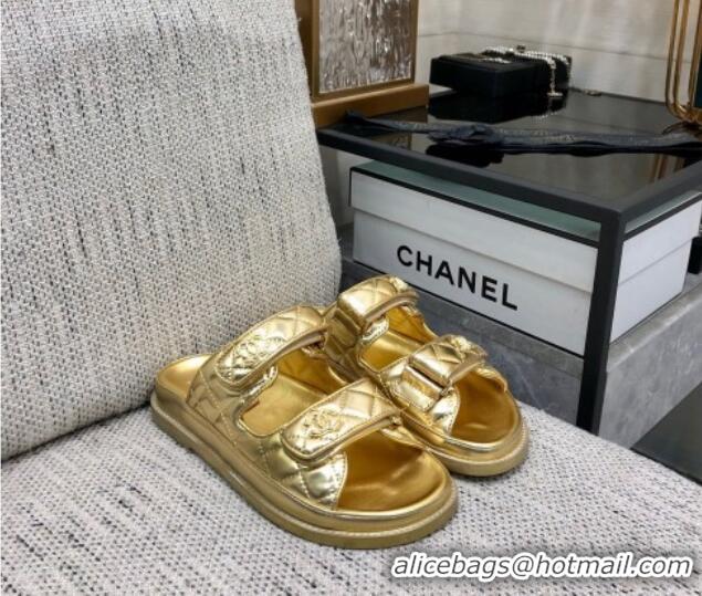 Classic Hot Chanel Metallic Oil Calfskin Flat Strap Slide Sandals with Metal CC Gold 0224063