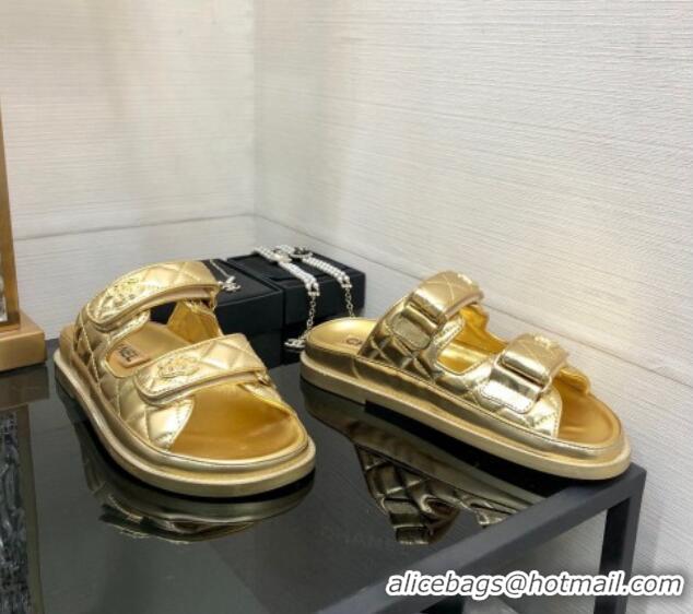 Classic Hot Chanel Metallic Oil Calfskin Flat Strap Slide Sandals with Metal CC Gold 0224063