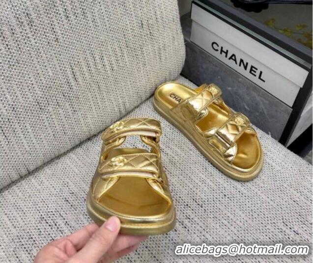 Classic Hot Chanel Metallic Oil Calfskin Flat Strap Slide Sandals with Metal CC Gold 0224063