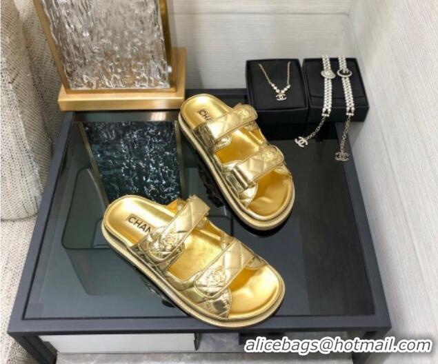 Classic Hot Chanel Metallic Oil Calfskin Flat Strap Slide Sandals with Metal CC Gold 0224063