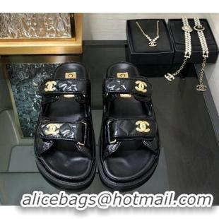 Buy Discount Chanel Oil Calfskin Flat Strap Slide Sandals with Metal CC Black 0224064