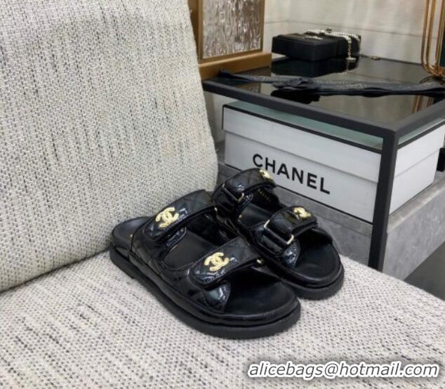 Buy Discount Chanel Oil Calfskin Flat Strap Slide Sandals with Metal CC Black 0224064