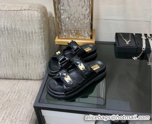 Buy Discount Chanel Oil Calfskin Flat Strap Slide Sandals with Metal CC Black 0224064