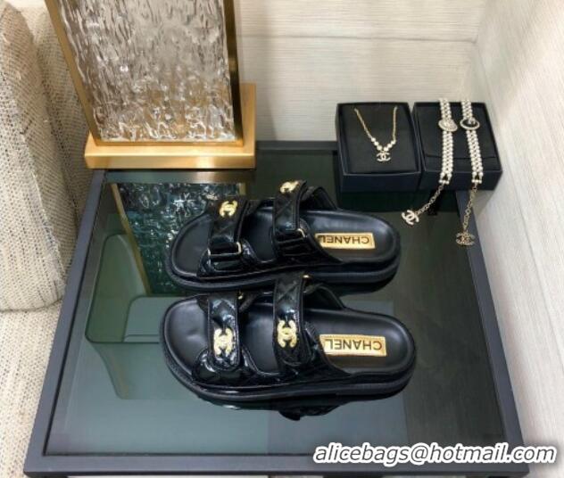 Buy Discount Chanel Oil Calfskin Flat Strap Slide Sandals with Metal CC Black 0224064