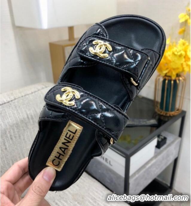 Buy Discount Chanel Oil Calfskin Flat Strap Slide Sandals with Metal CC Black 0224064