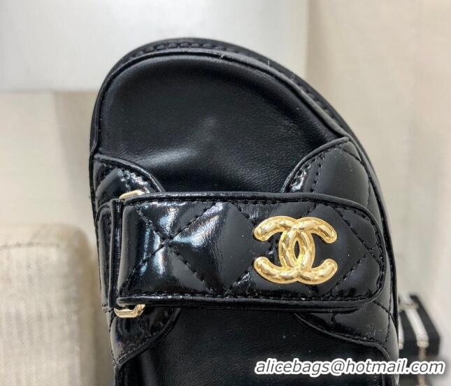 Buy Discount Chanel Oil Calfskin Flat Strap Slide Sandals with Metal CC Black 0224064