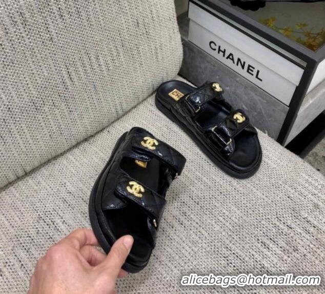 Buy Discount Chanel Oil Calfskin Flat Strap Slide Sandals with Metal CC Black 0224064