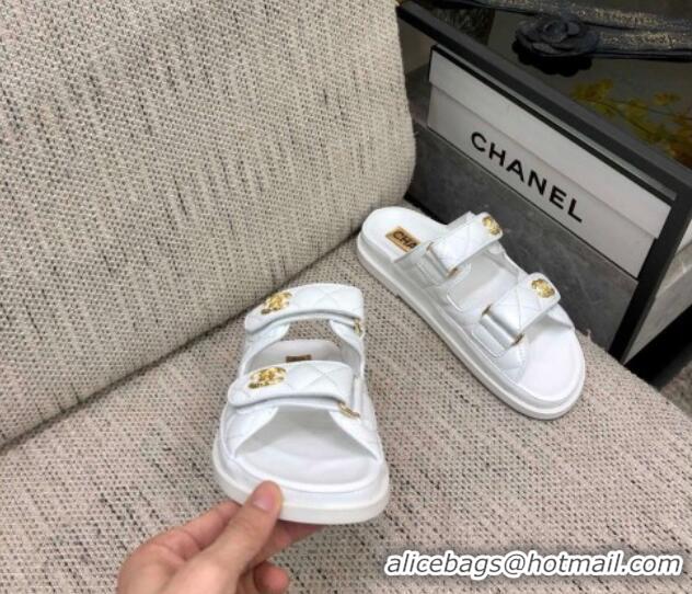 Best Grade Chanel Oil Calfskin Flat Strap Slide Sandals with Metal CC White 0224065