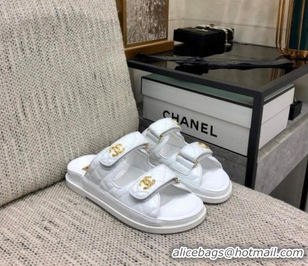 Best Grade Chanel Oil Calfskin Flat Strap Slide Sandals with Metal CC White 0224065