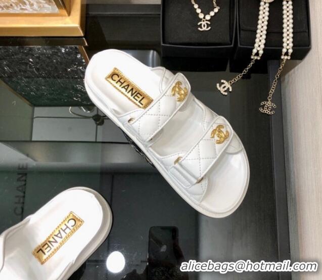 Best Grade Chanel Oil Calfskin Flat Strap Slide Sandals with Metal CC White 0224065