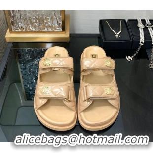 Best Price Chanel Oil Calfskin Flat Strap Slide Sandals with Metal CC Beige 0224066