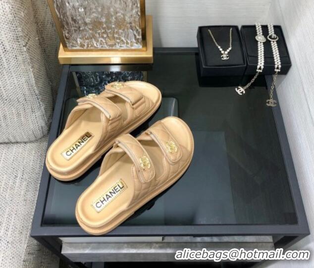 Best Price Chanel Oil Calfskin Flat Strap Slide Sandals with Metal CC Beige 0224066