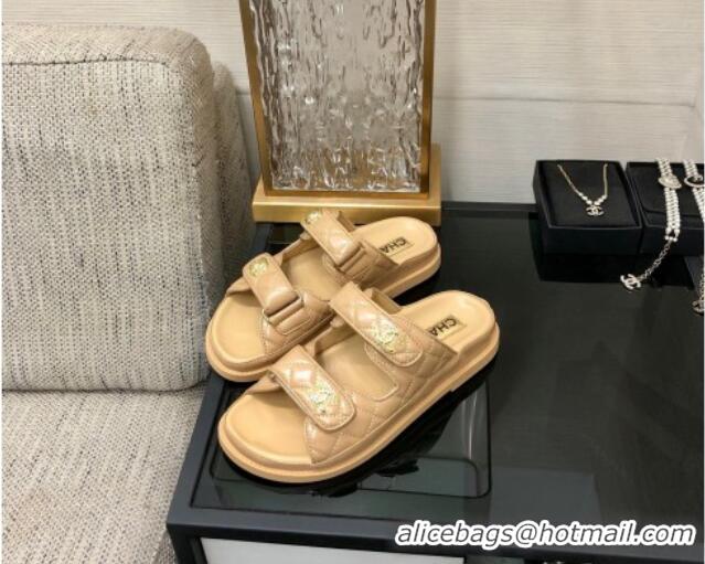 Best Price Chanel Oil Calfskin Flat Strap Slide Sandals with Metal CC Beige 0224066