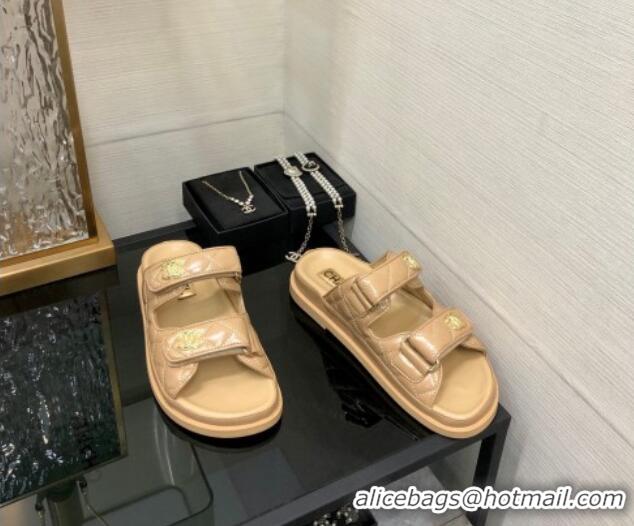 Best Price Chanel Oil Calfskin Flat Strap Slide Sandals with Metal CC Beige 0224066