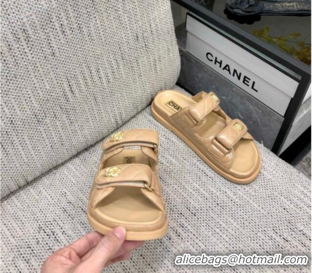 Best Price Chanel Oil Calfskin Flat Strap Slide Sandals with Metal CC Beige 0224066