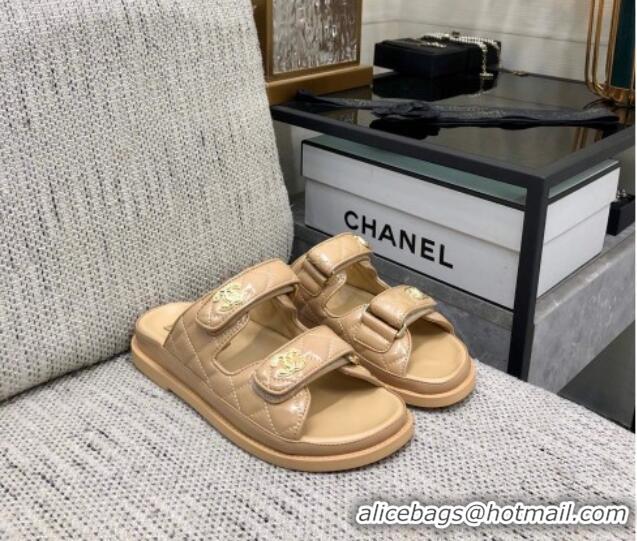 Best Price Chanel Oil Calfskin Flat Strap Slide Sandals with Metal CC Beige 0224066