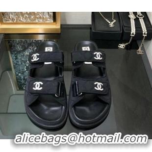 Unique Style Chanel Quilted Fabric Flat Strap Slide Sandals with Crystals CC Black 224067