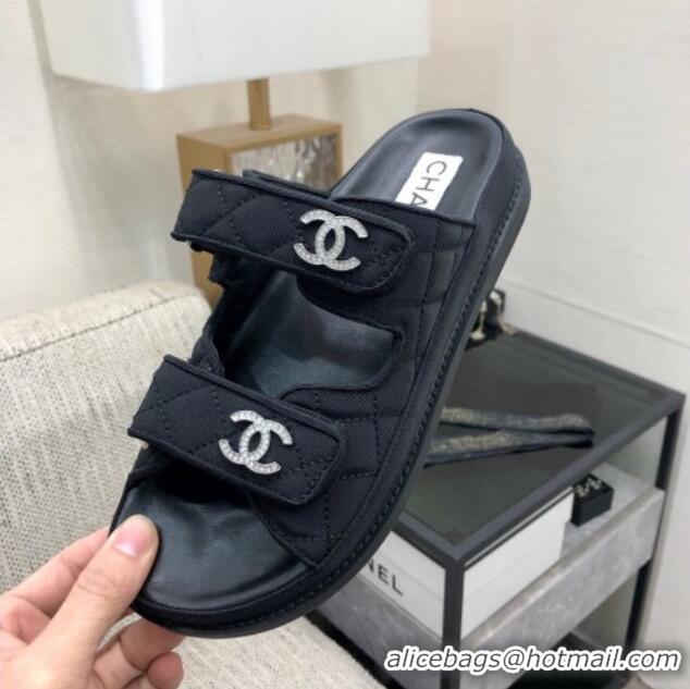 Unique Style Chanel Quilted Fabric Flat Strap Slide Sandals with Crystals CC Black 224067