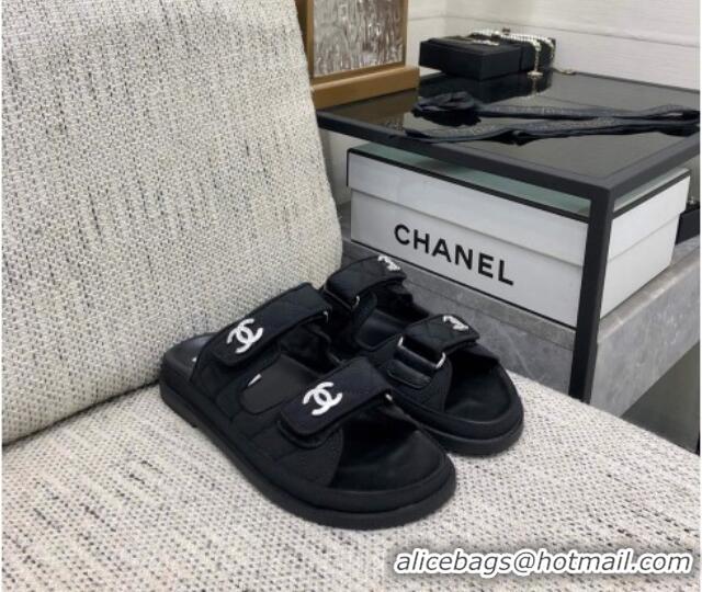 Unique Style Chanel Quilted Fabric Flat Strap Slide Sandals with Crystals CC Black 224067