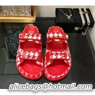 Purchase Chanel Houndstooth Fabric Flat Strap Slide Sandals with One-Tone CC Red 0224068