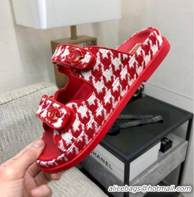 Purchase Chanel Houndstooth Fabric Flat Strap Slide Sandals with One-Tone CC Red 0224068