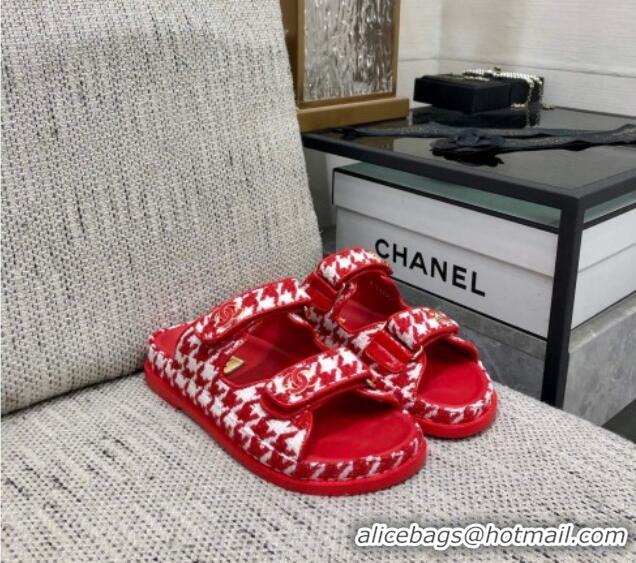 Purchase Chanel Houndstooth Fabric Flat Strap Slide Sandals with One-Tone CC Red 0224068