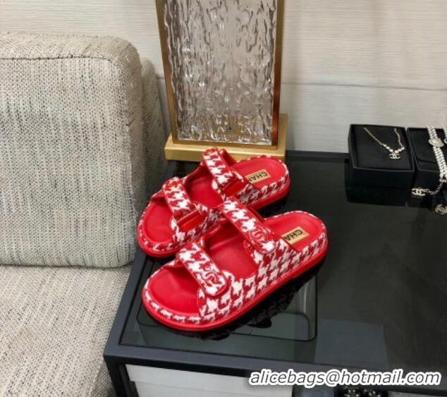 Purchase Chanel Houndstooth Fabric Flat Strap Slide Sandals with One-Tone CC Red 0224068