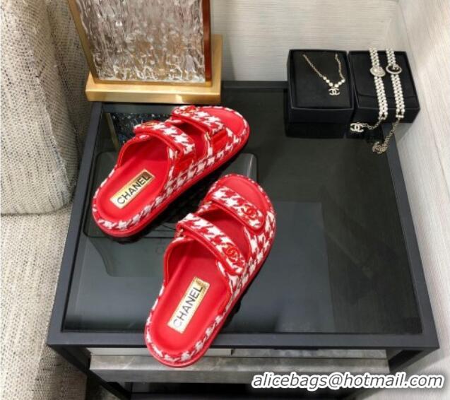 Purchase Chanel Houndstooth Fabric Flat Strap Slide Sandals with One-Tone CC Red 0224068