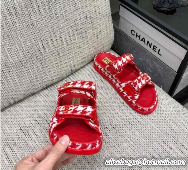 Purchase Chanel Houndstooth Fabric Flat Strap Slide Sandals with One-Tone CC Red 0224068