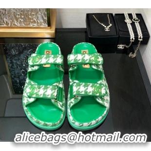 Good Quality Chanel Houndstooth Fabric Flat Strap Slide Sandals with One-Tone CC Green 0224069