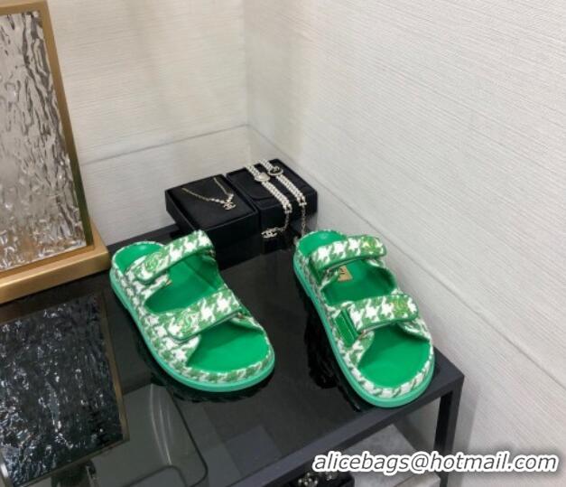 Good Quality Chanel Houndstooth Fabric Flat Strap Slide Sandals with One-Tone CC Green 0224069