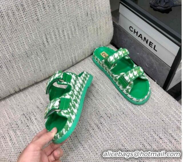 Good Quality Chanel Houndstooth Fabric Flat Strap Slide Sandals with One-Tone CC Green 0224069