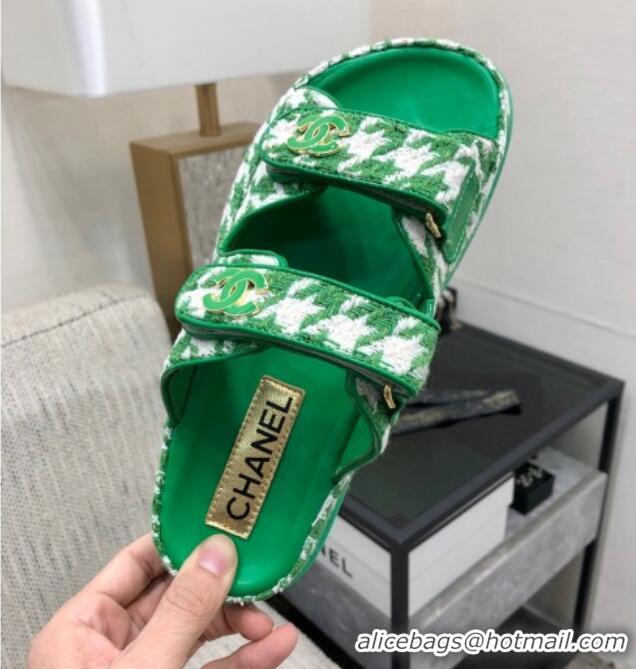 Good Quality Chanel Houndstooth Fabric Flat Strap Slide Sandals with One-Tone CC Green 0224069