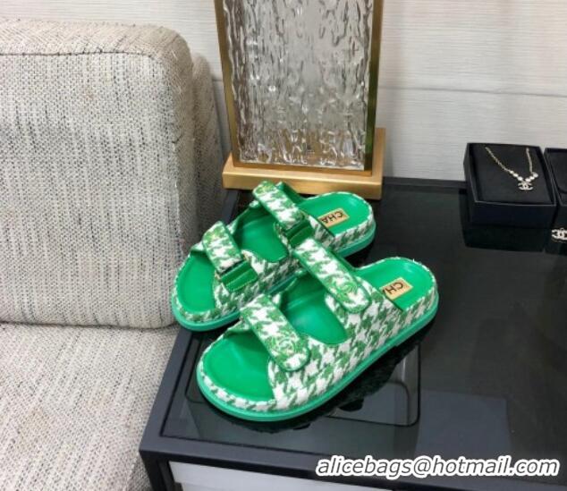 Good Quality Chanel Houndstooth Fabric Flat Strap Slide Sandals with One-Tone CC Green 0224069