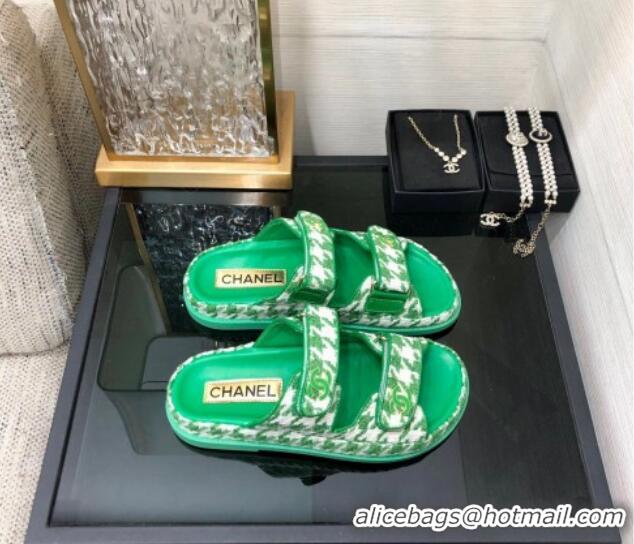 Good Quality Chanel Houndstooth Fabric Flat Strap Slide Sandals with One-Tone CC Green 0224069