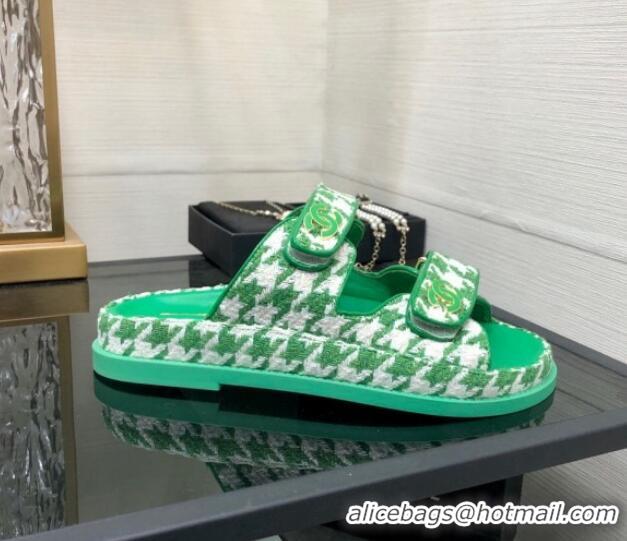 Good Quality Chanel Houndstooth Fabric Flat Strap Slide Sandals with One-Tone CC Green 0224069