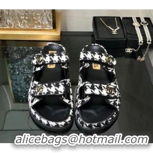 Grade Quality Chanel Houndstooth Fabric Flat Strap Slide Sandals with One-Tone CC Black 0224070