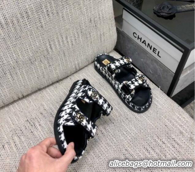 Grade Quality Chanel Houndstooth Fabric Flat Strap Slide Sandals with One-Tone CC Black 0224070