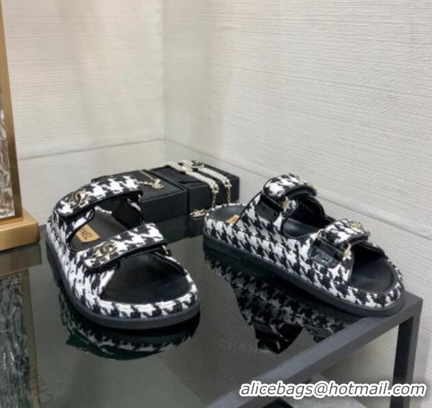 Grade Quality Chanel Houndstooth Fabric Flat Strap Slide Sandals with One-Tone CC Black 0224070