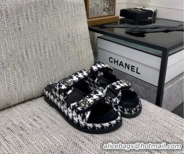 Grade Quality Chanel Houndstooth Fabric Flat Strap Slide Sandals with One-Tone CC Black 0224070