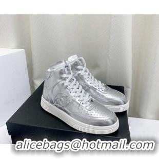 Good Looking Chanel Metallic Calfskin High-Top Sneakers G45353 Silver 224072