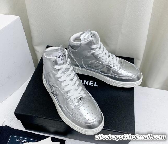 Good Looking Chanel Metallic Calfskin High-Top Sneakers G45353 Silver 224072