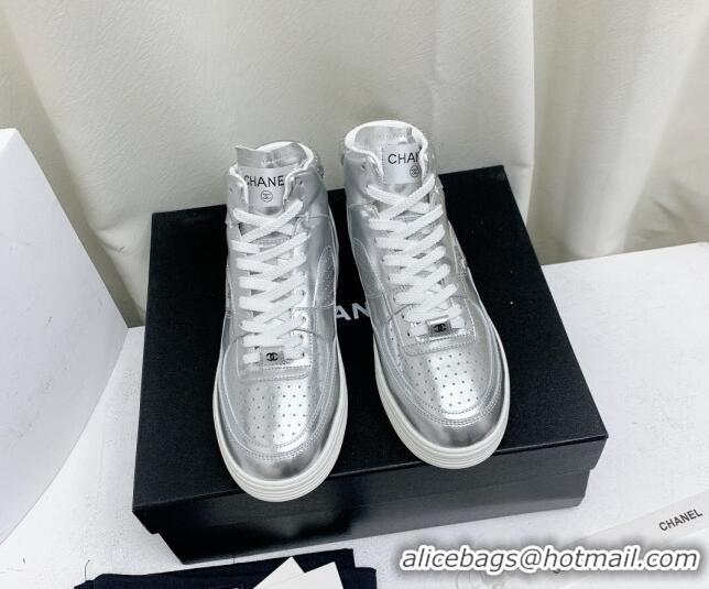 Good Looking Chanel Metallic Calfskin High-Top Sneakers G45353 Silver 224072