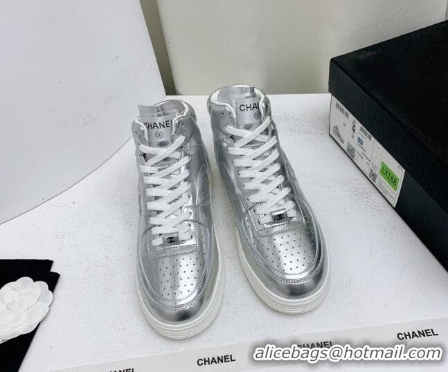 Good Looking Chanel Metallic Calfskin High-Top Sneakers G45353 Silver 224072